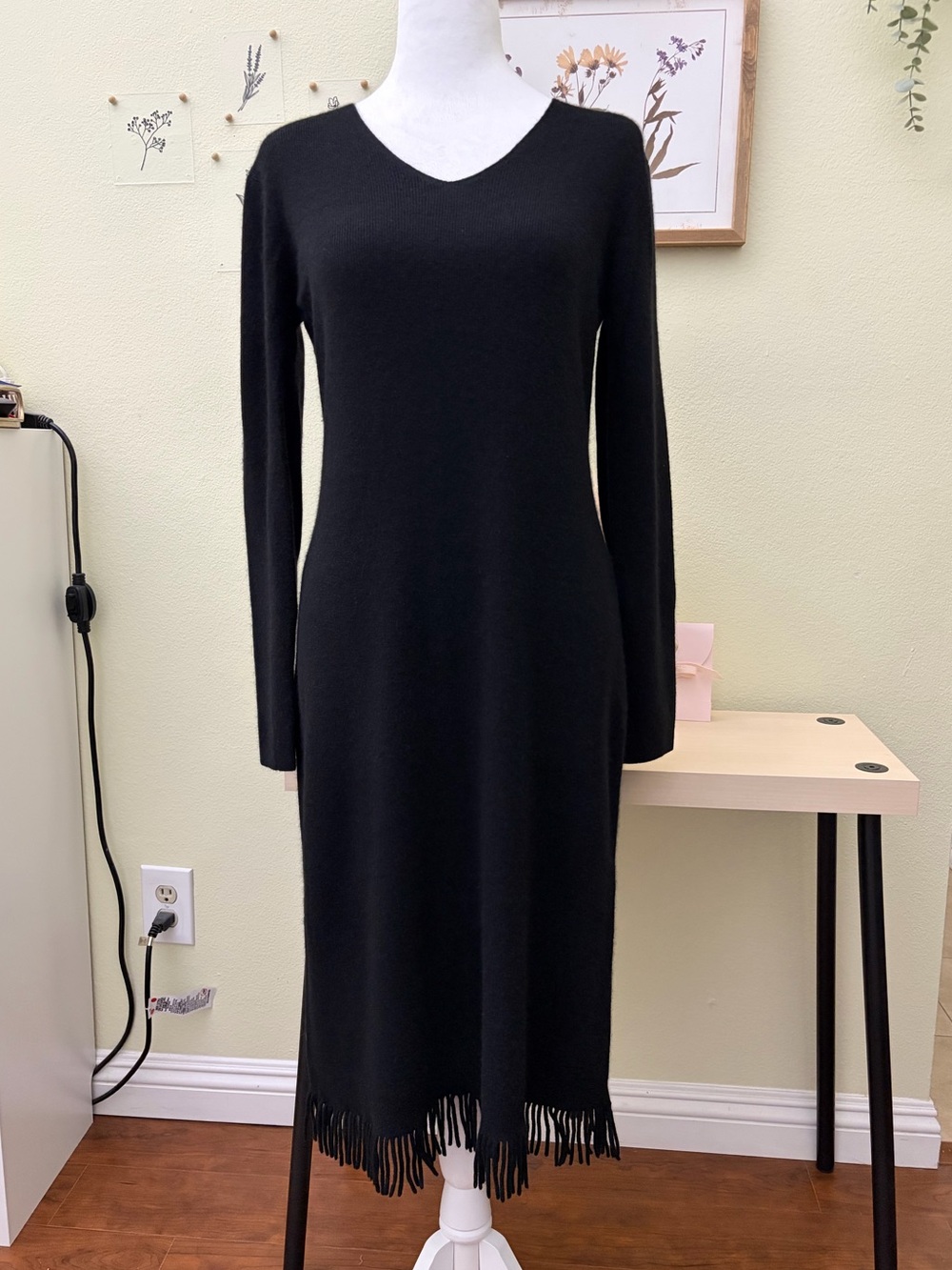 Vintage Lauren Ralph Lauren Angora Wool Knit Fringe Sweater Dress Black M